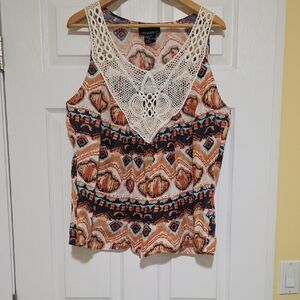 100 % LINEN Cynthia Rowley Multicolor Tank Top with Crochet Neckline